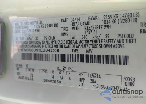 2014 Ford Escape Se from USA, damaged, VIN 1FMCU0G91EUD45569